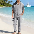 Men's grey short-sleeve hooded linen set with matching long pants for summer beachwear - S / Top And Bottom / Gray