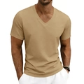 Men's khaki V-neck slim fit T-shirt with breathable elastic fabric for casual summer wear - S / Khaki