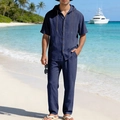 Dunkelblaues Herren Sommer-Set aus Leinen mit Kapuzenhemd und lockerer Freizeithose - Marineblau