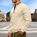 Felpa da uomo color crema con mezza zip, dettaglio colletto a righe e polsini a coste - S / Albicocca