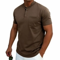 Close-up of a men's brown cotton Henley shirt showing three-button neckline and chest pocket - Brown