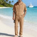 Herren Freizeit-Set aus Leinen in Khaki mit Kapuzenhemd und Hose für den Strand - Karamellbraun