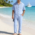 Herren Freizeitset aus hellblauem Leinen mit Kapuzenhemd und lockerer Strandhose für Sommer - Himmelblau