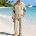 Men's summer linen resort set in beige featuring hooded short sleeve shirt and loose pants - S / Top And Bottom / Khaki