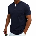 Detail of dark navy Henley shirt showing the three-button placket and chest pocket - Navy Blue