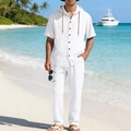 Men's white linen two-piece casual summer set featuring hooded shirt and long trousers - S / Top And Bottom / White