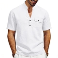 White linen Henley shirt for men with short sleeves and a buttoned chest pocket - S / Tops / White