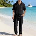 Men's black linen summer set featuring short sleeve hooded shirt and loose trousers - S / Top And Bottom / Black