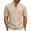 Men's summer linen t-shirt in beige featuring a v-neck henley collar and chest pocket - S / Tops / Khaki