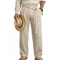 Detail of men's beige linen trousers featuring unique diagonal button waist design - S / Bottoms / Khaki
