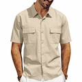 Detailed view of cargo shirt fabric texture with two flap pockets and classic buttons - S / Apricot