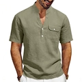 Men's summer linen V-neck Henley shirt in olive green color with a chest pocket - Army Green