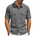 Detail of grey short sleeve cargo shirt with symmetric buttoned chest pockets for men - S / Gray