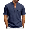 Men's navy blue linen Henley shirt with short sleeves, V-neck and chest pocket detail - Navy Blue