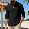 Detail of black cotton linen shirt with adjustable sleeves and V-neck lace-up collar - S / Tops / Black