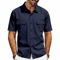 Detail view of navy blue cargo short sleeve shirt with symmetric chest flap pockets - S / Navy Blue