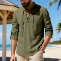 Detail of olive green cotton linen henley shirt with lace-up collar and rolled sleeves - Army Green