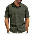 Detail view of olive green cargo shirt showing dual chest pockets and textured fabric - S / Army Green