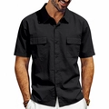 Close-up detail of double chest pockets on black cargo short sleeve polo shirt for men - S / Black