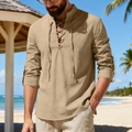 Detailed view of men's linen beach shirt featuring lace-up V-neck and band collar - S / Tops / Khaki