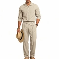 Detailed texture of men's linen two-piece set featuring long sleeves and matching trousers - S / Top And Bottom / Light Khaki