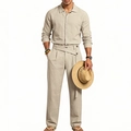 Détail de la ceinture superposée et du tissu en lin sur ce pantalon décontracté beige homme - S / Kaki