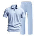 Detail of light blue linen polo shirt and matching trousers with drawstring waist - S / Top And Bottom / Sky Blue
