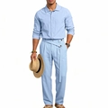 Leichtblaues Herren-Set aus Leinen mit Langarmhemd und Hose mit seitlicher Schnalle - Hellblau