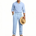 Détail d'un ensemble chemise et pantalon en lin bleu clair avec ceinture croisée spéciale - S / Rose bonbon
