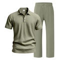 Detail view of olive green linen short sleeve polo shirt and matching drawstring trousers - S / Top And Bottom / Army Green