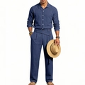 Herren Set aus marineblauem Leinenmix mit Langarmhemd und Hose mit Gürtel-Detail - S / Marineblau