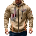 Felpa con cappuccio kaki da uomo con stampa bandiera americana e dettagli zip arancioni - Taglia M / Stampa Bandiera Consumata Cachi