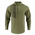 Dettaglio camicia lino verde oliva con ricamo etnico e colletto henley a cinque bottoni - Taglia S / Top / Verde militare
