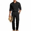 Men's black linen shirt and trousers set with belt, minimalist vacation style outfit - S / Top And Bottom / Black