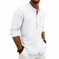 Detalle de camisa de lino blanco con cuello mao y bolsillo en el pecho para hombre - S / Tops / Blanco