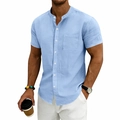 Men's light blue short sleeve linen shirt with stand collar and pocket in a loose fit - Light Blue