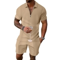 Men's khaki waffle knit short sleeve polo and shorts set for casual summer wear - M / Top And Bottom / Khaki