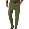 Men's slim fit casual trousers in army green with drawstring waist and creased leg - S / Army Green