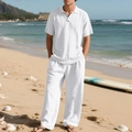 Heren strandset van wit linnen met poloshirt met korte mouwen en losse broek - S / Boven- En Onderstuk / Wit