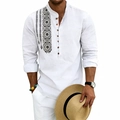Men's casual white linen Henley shirt with black tribal embroidery detail for summer - S / White