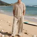 Heren tweedelige beige linnen set met korte mouwen polo en broek voor het strand - S / Boven- En Onderstuk / Khaki