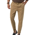 Men's khaki drawstring casual pants in a slim fit cotton blend with folded hems - S / Khaki