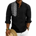 Men's black long sleeve bohemian linen henley shirt with tribal geometric print - S / Black