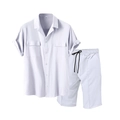 Men's casual two-piece short sleeve shirt and shorts set with drawstring waist - 2XL / White