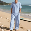 Heren zomerse linnen set met korte mouwen shirt en lange broek in de kleur lichtblauw - S / Boven- En Onderstuk / Lichtblauw