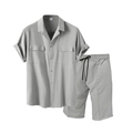 Men's light grey summer leisure set featuring short sleeve button shirt and drawstring shorts - S / Light Gray