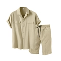 Men's khaki cotton linen casual set with short sleeve button-down shirt and drawstring shorts - S / Khaki
