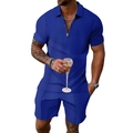 Men's royal blue waffle knit summer two-piece short sleeve polo shirt and shorts set - M / Top And Bottom / Sapphire Blue