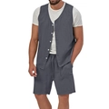 Conjunto casual de chaleco y pantalones cortos para hombre en algodón lino gris oscuro - M / Grafito