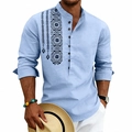Men's light blue bohemian linen shirt with long sleeves and ethnic geometric prints - S / Light Blue